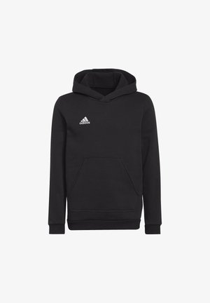 Czarna bluza z kapturem z materiału polarowego, z przednią kieszenią typu kangur i białym logo Adidas na górnej lewej części klatki piersiowej.