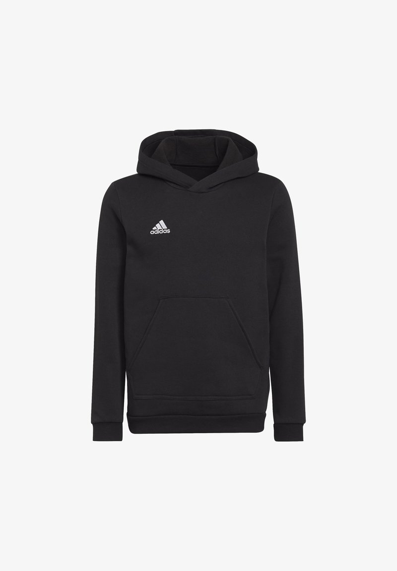 Felpa nera con cappuccio in materiale felpato, dotata di tasca a marsupio frontale e logo Adidas bianco nella parte superiore sinistra del petto.