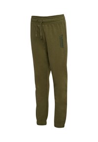 Olive green sweatpants in soft material, featuring an elastic waistband with drawstring and side logo print. Tapered ankle cuffs.