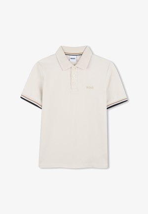 Béžové polo s krátkym rukávom, rebrovaným golierom, tromi gombíkmi, pruhovanými manžetami a malým logom "BOSS" na hrudi.