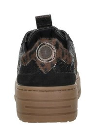 Black sneaker with a textured leather upper and fur-like brown leopard print accents. Features a chunky beige sole and a round logo detail.