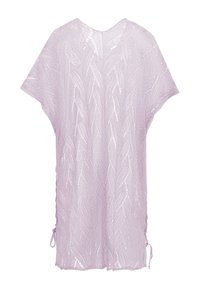 Kaftan lila dantelat cu decolteu în V, mâneci scurte, șnururi laterale și un model țesut complex pentru textură și circulația aerului.