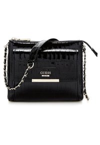 Černá kabelka přes rameno z umělé kůže s krokodýlí strukturou, stříbrnými detaily, logem, odnímatelným řetízkovým popruhem a zipovým uzavřením.