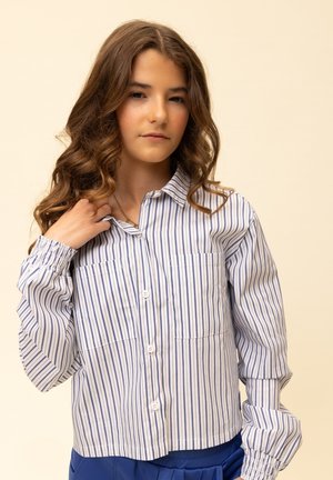 Gestreept overhemd met knoopsluiting in blauw en wit, met lange mouwen met elastische manchetten en twee borstzakken. Gemaakt van glad katoen.