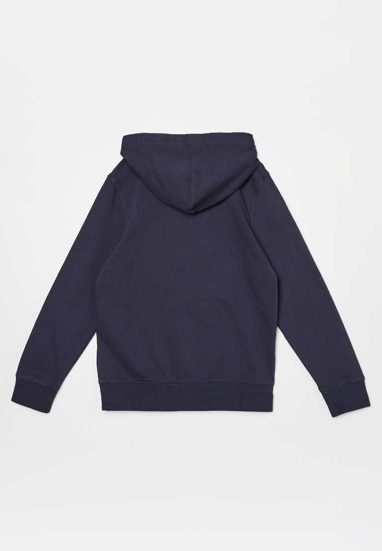 Felpa blu navy in cotone, con cappuccio, maniche lunghe e polsini e orlo a coste. Tessuto liscio senza motivi visibili.