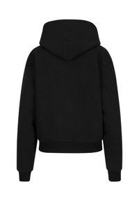 Sweat à capuche noir à manches longues, vu de dos avec une capuche, des poignets côtelés et une ceinture côtelée.