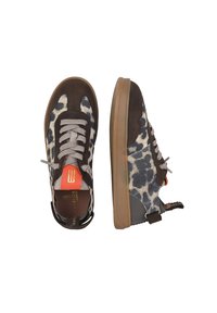 Brown and gray sneakers featuring a leopard print design, suede material, textured finish, and a rubber sole with a pull tab on the back.