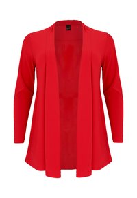 Rode cardigan met lange mouwen van lichtgewicht stof; open voorkant zonder sluitingen, zachte textuur en eenvoudige silhouet.