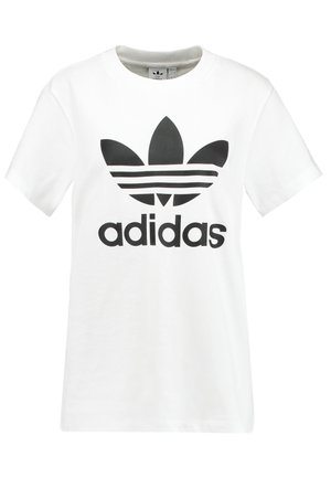 Witte katoenen t-shirt met een groot zwart Adidas-logo en trefoil-ontwerp op de voorkant. Korte mouwen en een ronde hals.