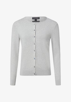 Lichtgrijze cardigan gemaakt van biologische katoen en kasjmier, met een ronde hals, lange mouwen en een knoopsluiting aan de voorkant met blauwe accenten.