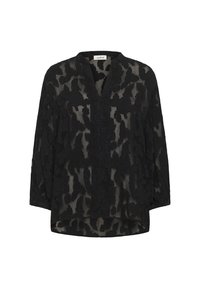 Permatomas juodas bliuzonas su gėlių raštu, V formos iškirpte ir trijų ketvirčių rankovėmis, laisvu siluetu ir apvaliu kraštu.