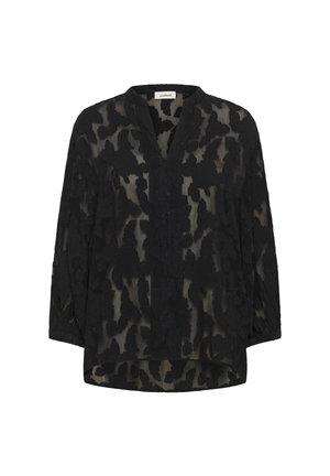 Bluză neagră transparentă cu un model floral, decolteu în V și mâneci trei sferturi, cu o croială lejeră și hem rotunjit.