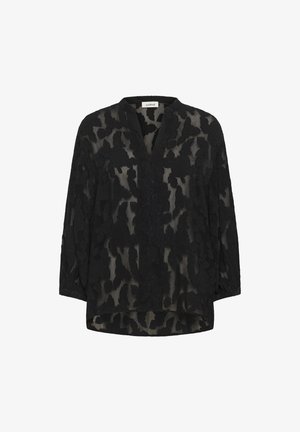 Blouse noire transparente avec un motif floral, décolleté en V, manches trois-quarts, coupe décontractée et ourlet arrondi.