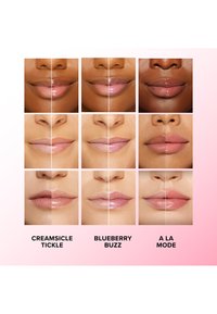 Drei Reihen von Nahaufnahmen der Lippen in verschiedenen Nuancen: glänzendes Pink und Nude-Töne, bezeichnet als "Creamsicle Tickle", "Blueberry Buzz" und "A La Mode".