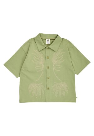 Light green short-sleeve button-up shirt with beige embroidered abstract plant designs on front and a classic collar.