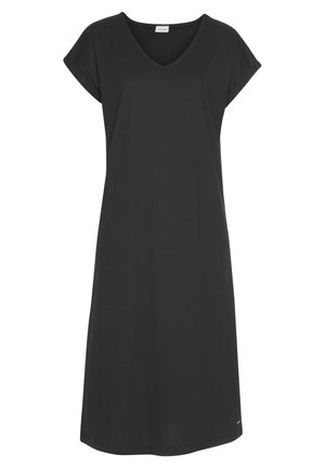 Zwarte katoenen jurk met een V-hals en korte mouwen. Het heeft een ontspannen pasvorm en valt tot halverwege de kuit. Minimalistisch ontwerp, geen patronen of accenten.