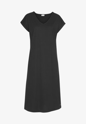 Vestido negro de algodón con escote en V y mangas cortas. Tiene un corte holgado y llega hasta la mitad de la pantorrilla. Diseño minimalista, sin estampados ni acentos.