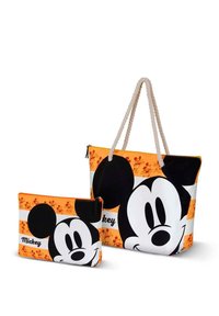 Gran bolsa tote y pouch a juego con un diseño en blanco y negro de Mickey Mouse sobre un fondo naranja, con asas de cuerda y cierre de cremallera.