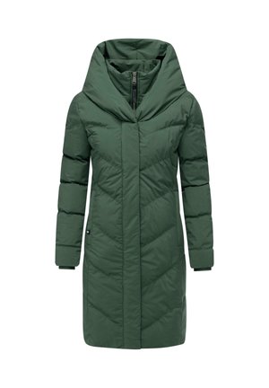 Manteau puffer vert avec un col montant, des manches longues, une fermeture zippée et un motif matelassé diagonal. Dispose de poches latérales et d'une coupe mi-longue.