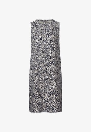 Mouwloze jurk met een marineblauw en crème zigzagbladerenpatroon, vervaardigd uit lichtgewicht stof met een losse pasvorm en ronde hals.