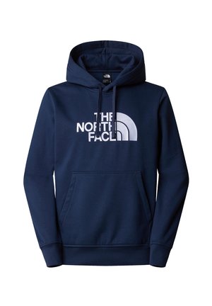 Felpa blu navy realizzata in misto cotone, con un grande logo bianco sul petto, cappuccio con cordino regolabile e tasca frontale a kangaroo.