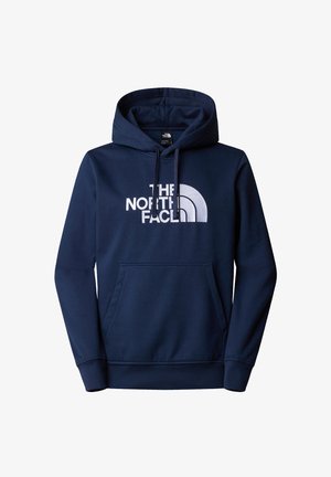 Navyblauwe hoodie gemaakt van een katoenmix, met een groot wit logo op de borst, een verstelbare trekkoordcapuchon en een frontale kangoeroezak.