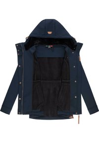 Granatowa kurtka z kapturem, z miękkim czarnym polarowym wnętrzem i wieloma kieszeniami. Zawiera metalowe zatrzaski i skórzane akcenty.