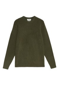 Olivgrön stickad tröja med rund halsringning, långa ärmar och ribbat mönster, med rak passform och utan synlig hårdvara.