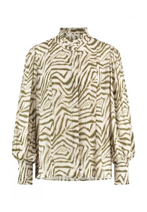 Patronenblouse met een hoge gerimpelde kraag, gathered mouwen en een crèmekleurige basis met olijfgroene zebra-stripes. Geweven stoffen afwerking.