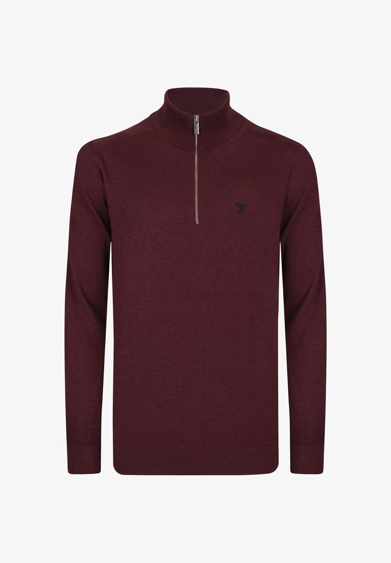 Maglione con zip color bordeaux realizzato in tessuto morbido, dotato di un alto colletto, maniche lunghe e un piccolo logo nero sul petto.