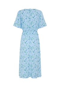 Robe midi bleu clair avec manches courtes, taille élastique et petits motifs floraux bleus et verts.