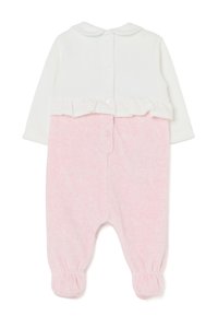 Babero blanco y rosa para bebé con mangas largas, cierre de botones, detalle de cintura con volantes, textura suave y puños elásticos.