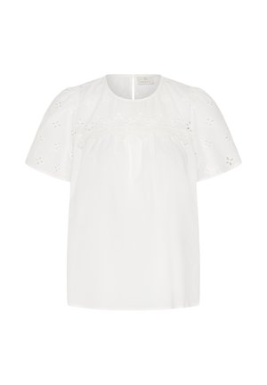 Valge lühikeste varrukatega pluus õiepiludega silmkoelise broderiiga varrukatel ja ülal rinnal, ümmargune kaelus ja tagumine nööpidega kinnis.