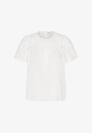 Valge lühikeste varrukatega pluus õiepiludega silmkoelise broderiiga varrukatel ja ülal rinnal, ümmargune kaelus ja tagumine nööpidega kinnis.