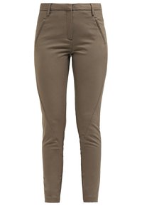 Smal passform i taupe byxor med framfickor, bältesöglor och sömnadsdetaljer som löper diagonalt över benen.