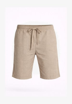 Shorts beige longueur genou avec ceinture élastique et cordon de serrage à l'avant, fabriqués en tissu léger, présentés sur fond blanc.