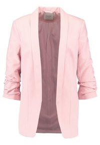 Světle růžový blazer s úzkým střihem, šálovým límcem a vyhrnutými rukávy. Hladká tkanina a minimální detaily, s výstřihem v přední části.