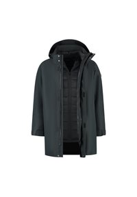 Zwarte twee-in-een winterjas met afneembare gevoerde binnenlaag en capuchon, voorzak met rits en drukknopen, en verstelbare manchetten.