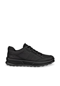 Schwarzer Low-Top-Sneaker mit Schnürverschluss, perforierten Seitendetails, gepolstertem Kragen und strukturierter Gummisohle für den Freizeitgebrauch.