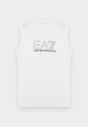 Λευκό αμάνικο μπλουζάκι με μαύρο περίγραμμα λογότυπου "EA7 Emporio Armani" στο κέντρο μπροστά.