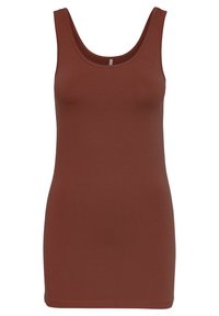 Débardeur marron à col rond, fabriqué à partir d'un tissu lisse et extensible. Présente une coupe ajustée et un ourlet sans couture pour un aspect soigné.