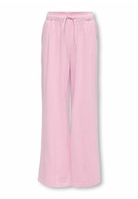 Light pink wide-leg pants made of soft fabric, featuring an elastic waistband with drawstring and side pockets.