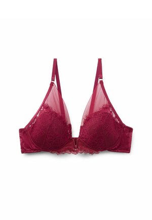Laceburgundy beha met doorzichtige panelen, V-vormig middenstuk, verstelbare bandjes en bloemenkant details langs de cups. Zacht gestructureerde stof.