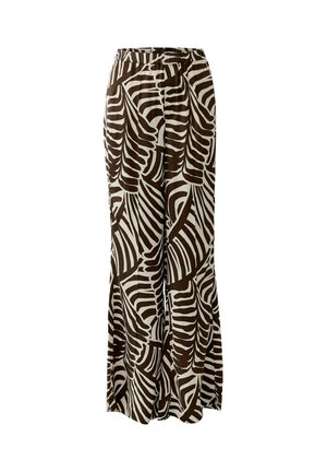Wijde broek met een hoge taille, voorzien van een bruin-witte abstracte zebraprint en een elastische tailleband.