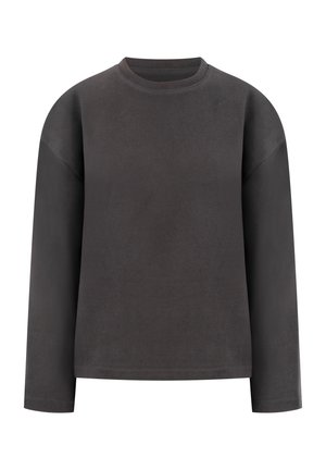 Dunkelgraues Sweatshirt mit Rundhalsausschnitt, langen Ärmeln und lockerem Sitz, ohne sichtbare Logos oder Muster, vor weißem Hintergrund.