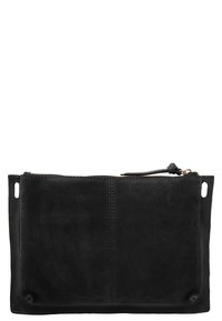 Czarna zamszowa torba worek charakteryzuje się zamknięciem na zamek, bocznymi szwami oraz dwoma otworami do noszenia po bokach, co zwiększa jej wszechstronność. Gładka tekstura na całej powierzchni.