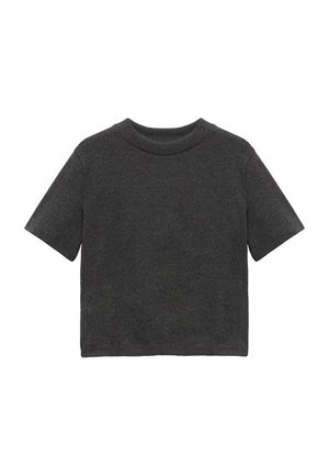 Donkergrijze t-shirt met korte mouwen en een ronde halslijn, gemaakt van zachte stof, met een eenvoudig ontwerp zonder zichtbare patronen of accenten.