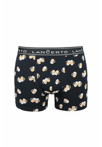 Bokserki w ciemnoniebieskim kolorze z wzorem kufli piwa. Elastyczny pas z brandingiem "LANĈERTO". Gładka tekstura.