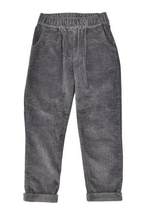 Graue Cordhosen mit strukturiertem Material, ausgestattet mit einem elastischen Bund, seitlichen Taschen und umgeschlagenen Säumen am Ende.