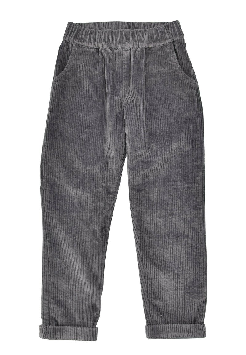 Graue Cordhosen mit strukturiertem Material, ausgestattet mit einem elastischen Bund, seitlichen Taschen und umgeschlagenen Säumen am Ende.